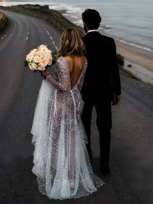 Wholesale A-Line/Princess V-Neck Long Sleeves Sequins Wedding Dress